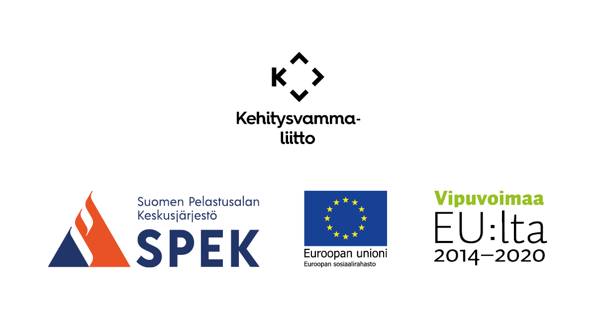 Kehtiysvammaliittos logo, Suomen Pelastusalan keskusjärjestös logo och tåv EU logon, en för EU:s socialfond och en för Vipuvoimaa EU:lta 2014-2020.